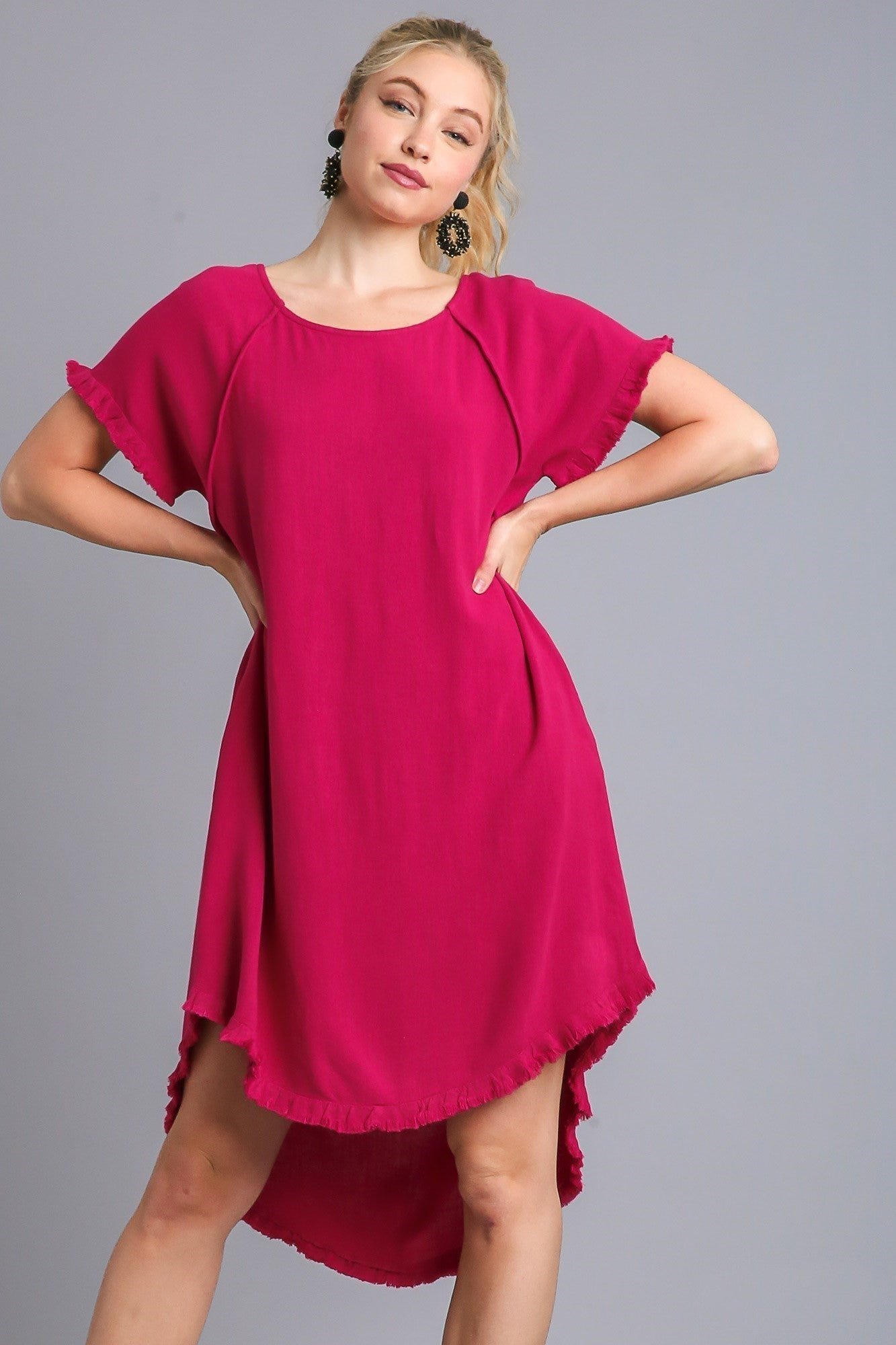 C1716_sk_1.jpg Umgee Ruby High Low Linen Blend Dress with Frayed Details - Image 1