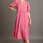 Umgee Solid Color A-Line Tiered Midi Dress with Piping Details in Rose Pink