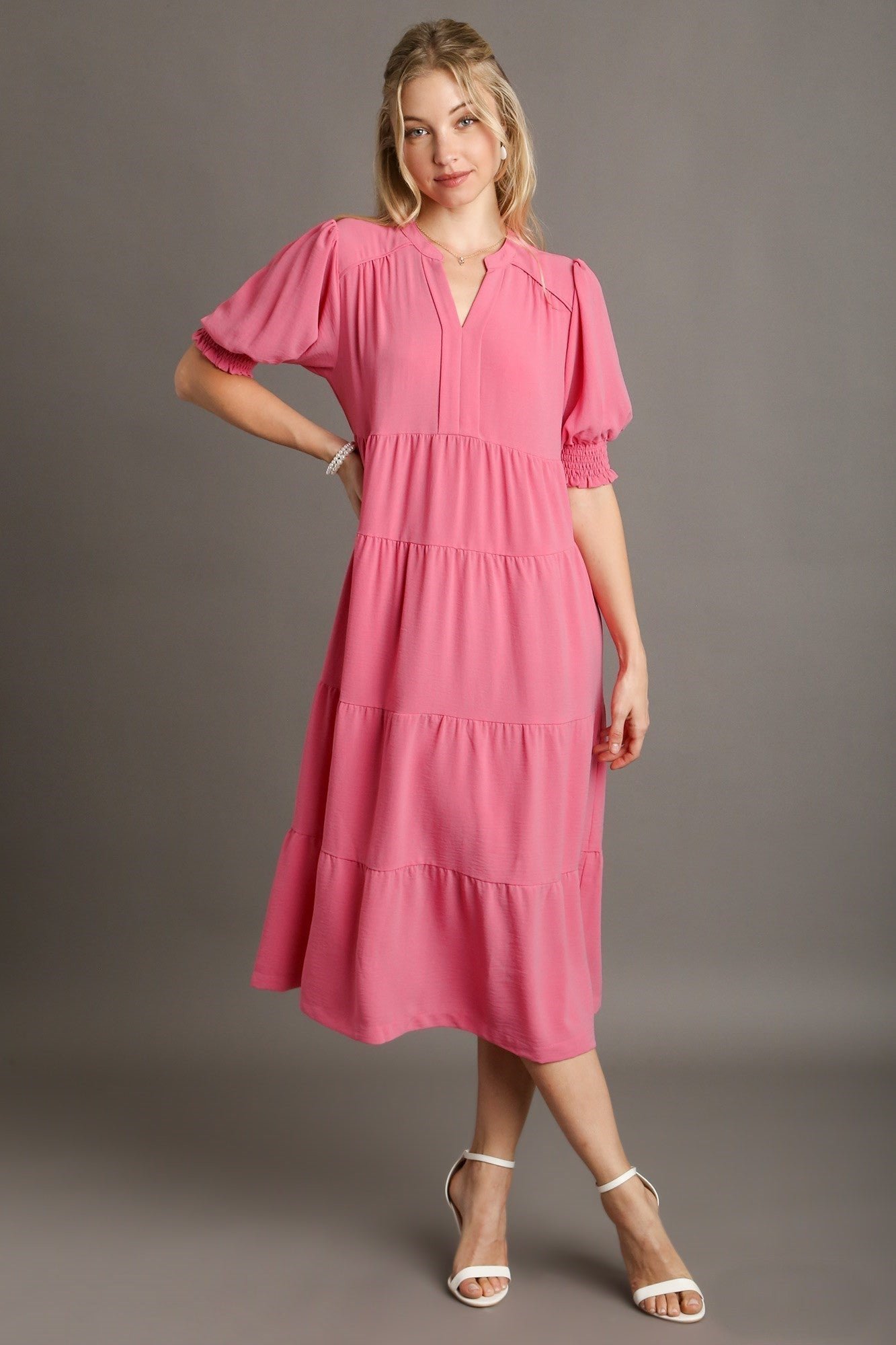 K7786_cs_1.jpg Umgee Solid Color A-Line Tiered Midi Dress with Piping Details in Rose Pink - Image 1