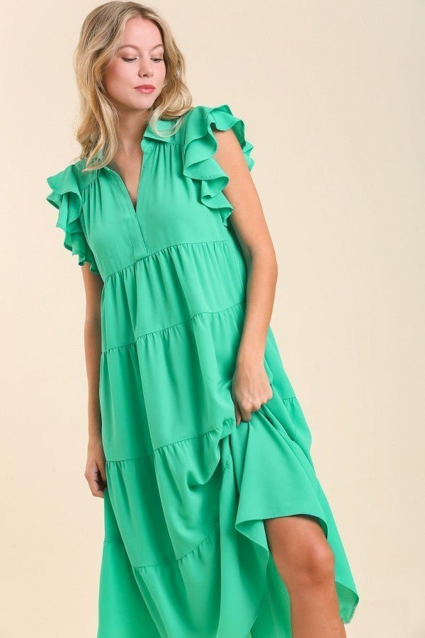 a6973-jadegreen-1.jpg Umgee Tiered Midi Dress with Ruffled Sleeves in Jade Green - Image 1